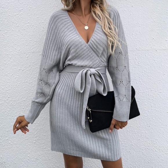 Cozy Burgundy Cut out Back Belted Sweater Dress - Picture 6 of 14